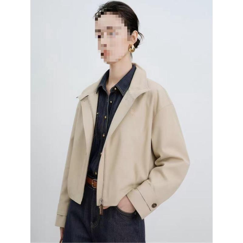 Stand-up collar cotton and linen blended commuter style fashion short loose trench coat