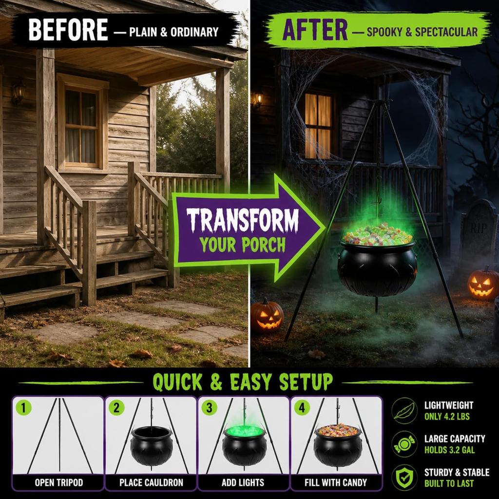 Large20 Inch Halloween Cauldron with LED Lights, Light Up Tripod Stand for Outdoor Yard Decor, Spooky Candy Bowl for Party Prop, Black Plastic