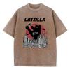 T-Shirt Vintage Gewaschene Baumwolle T-Shirt Japanischer Stil Katzenliebhaber Catzilla Grafik T-Shirt Lässig Streetwear Frühling Sommer