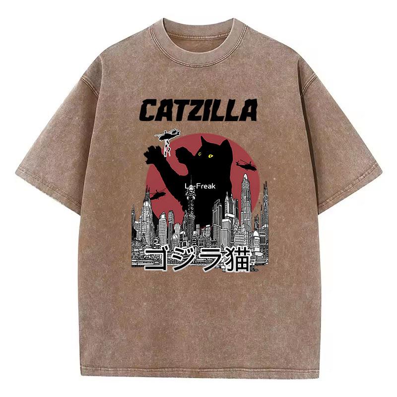 T-Shirt Vintage Gewaschene Baumwolle T-Shirt Japanischer Stil Katzenliebhaber Catzilla Grafik T-Shirt Lässig Streetwear Frühling Sommer