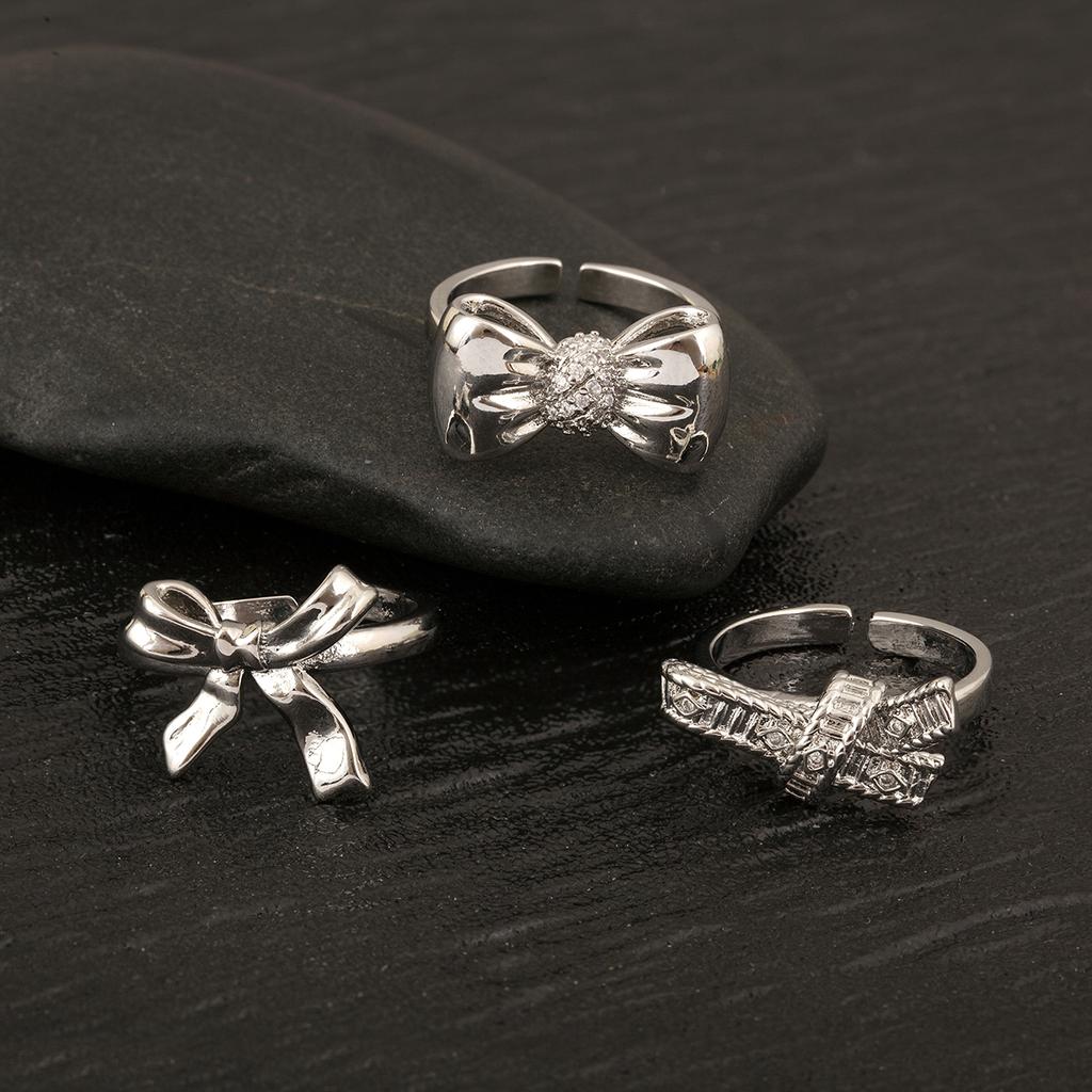 Nidin Romantic Fine Bowknot Shape Shine Zircon Open Rings Adjustable For Women Men Couples Elegant Aesthetic Finger Jewelry Gift