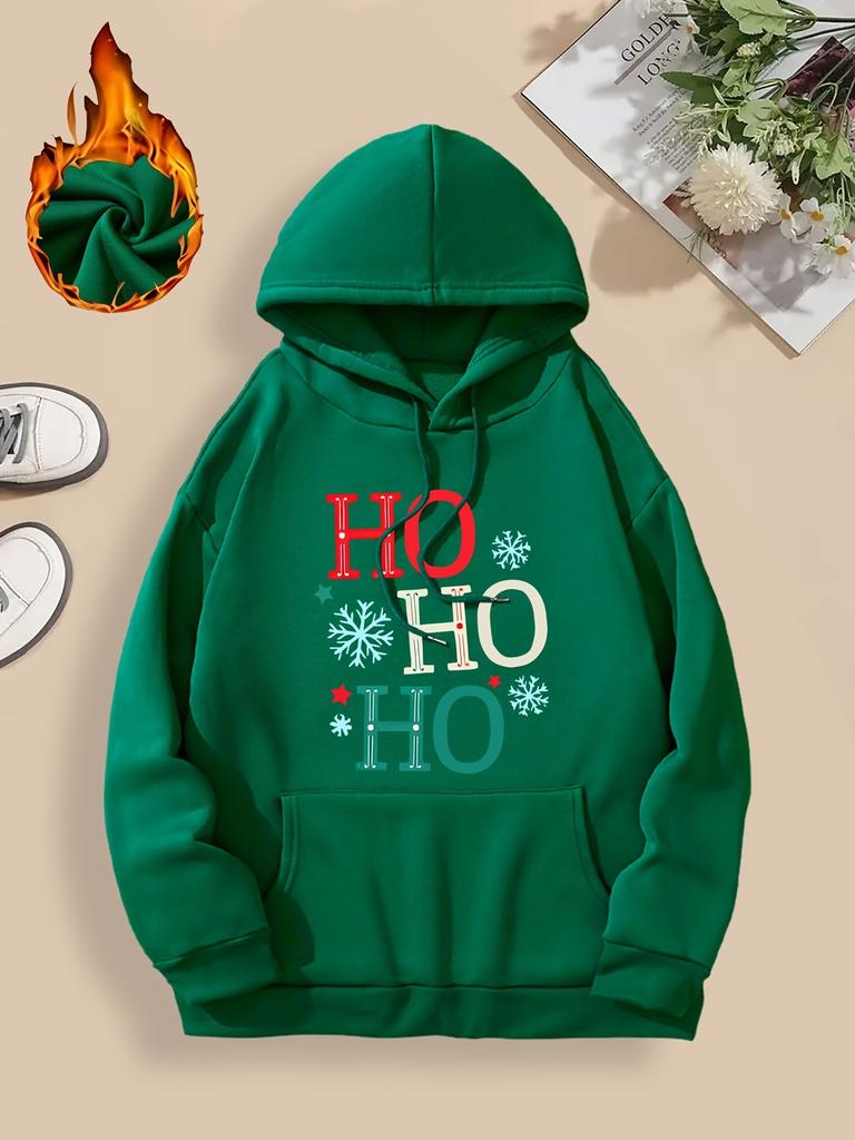 Plus Size Christmas Hoodie Sweatshirt for Women - Casual Polyester Hooded Pullover with Long Sleeves, Front Pocket, Slight Stretch