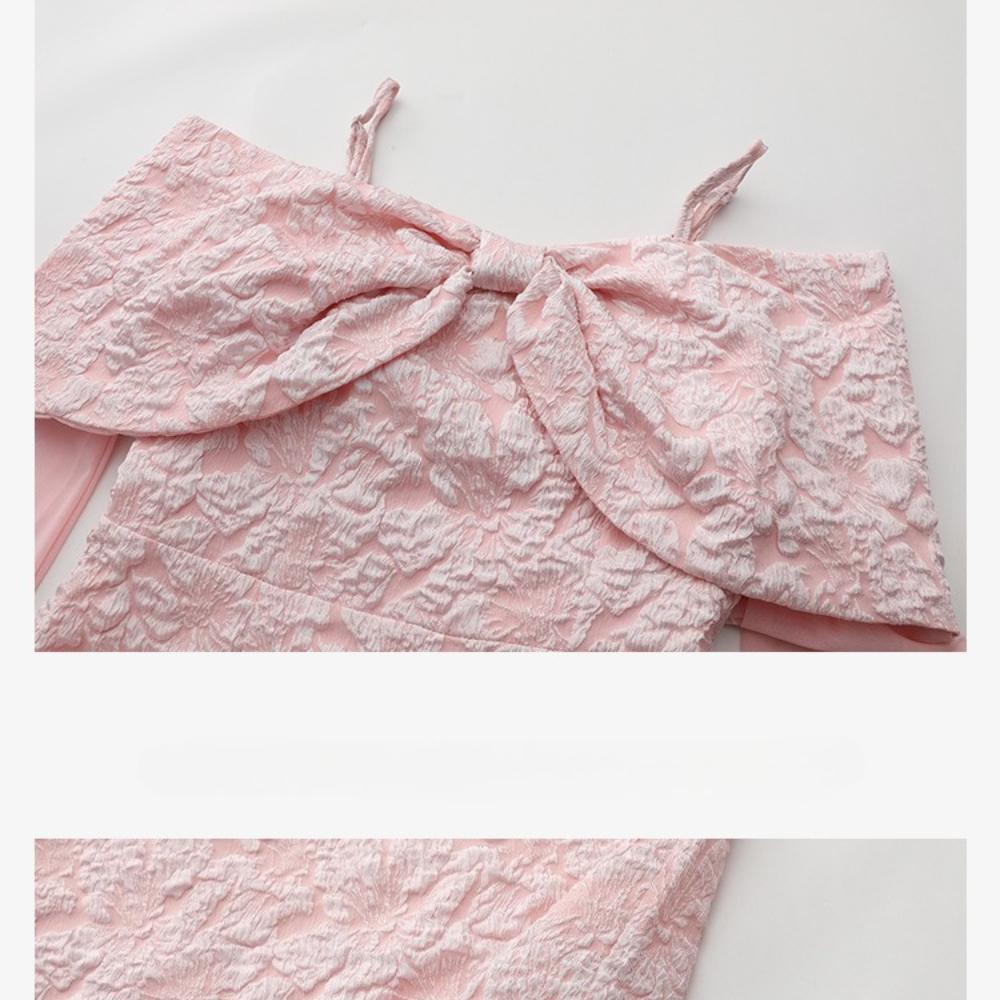 Solid Floral Jacquard-Patterned Tulle-Panel Dresses for Women Elegant Slash Neck Long Sleeve High Waist Evening Dress Female Fashion 2026