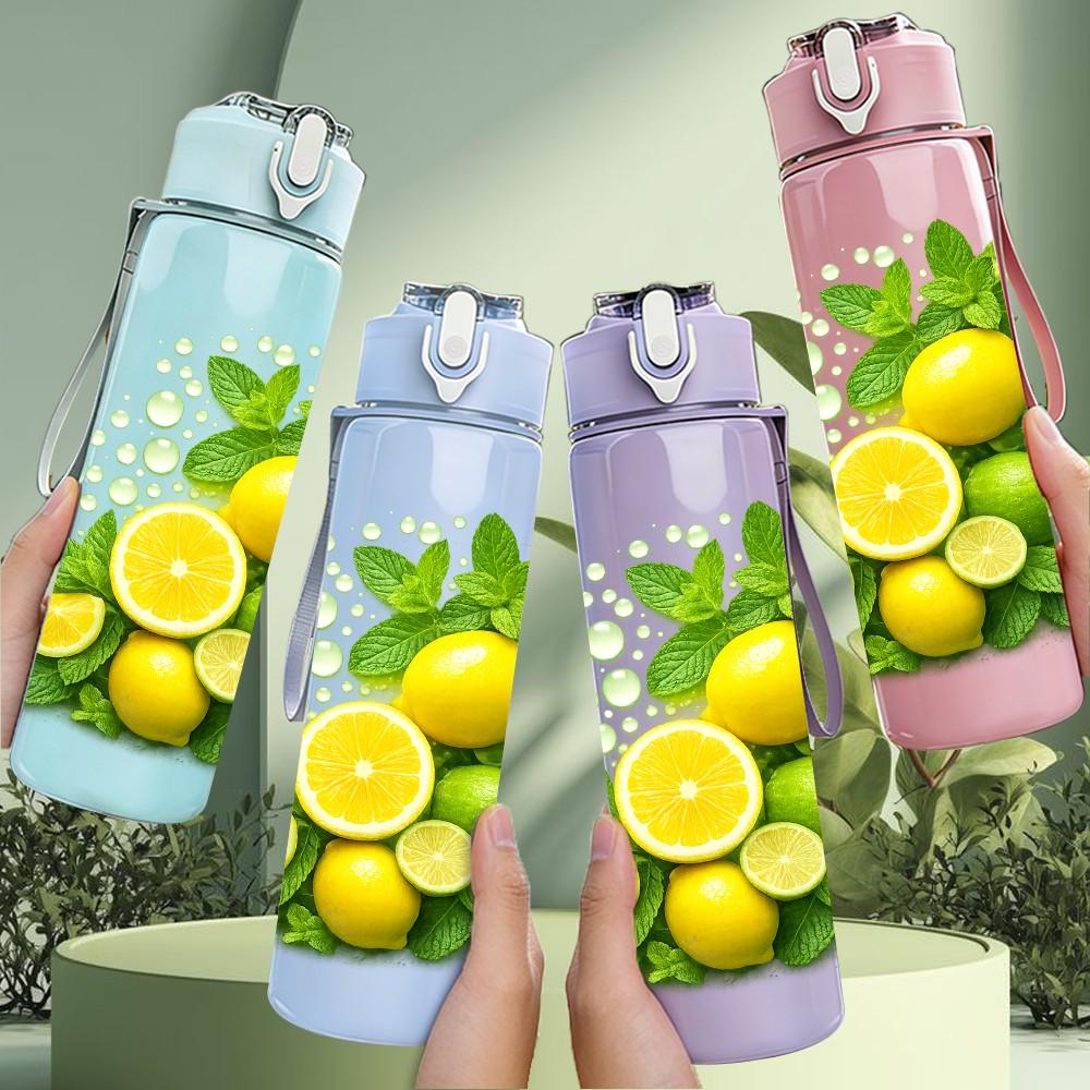 1PC Fresh Lemon Lime Citrus Fruit Print 750ml Color Plastic Sports Water Bottle Leakproof Flip Straw Lid Suitable for Sports Office Home Use