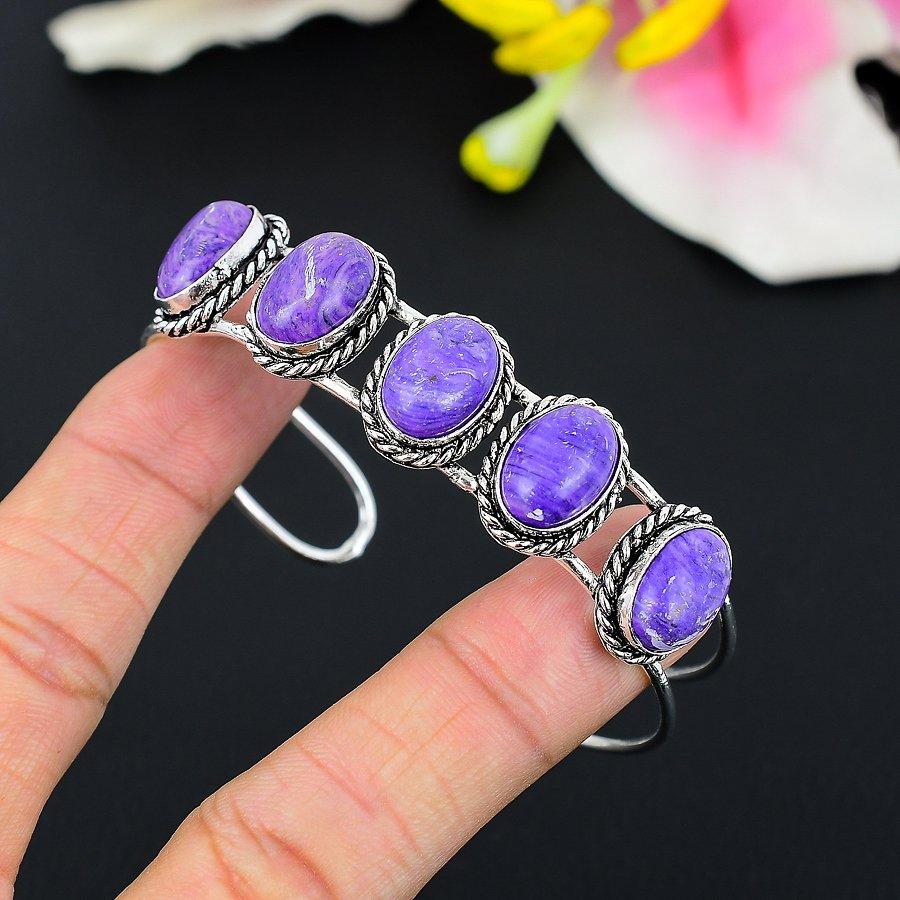 Charoite Gemstone Handmade 925 Sterling Silver Cuff Bangle Adjustable KG-248