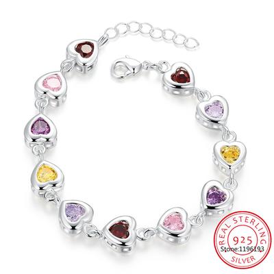 925 Sterling Sølv Skapt Moissanitt Regnbuekrystall CZ Edelsten Kjærlighet Hjerte Armbånd For Kvinner Smykker Bryllupsgave