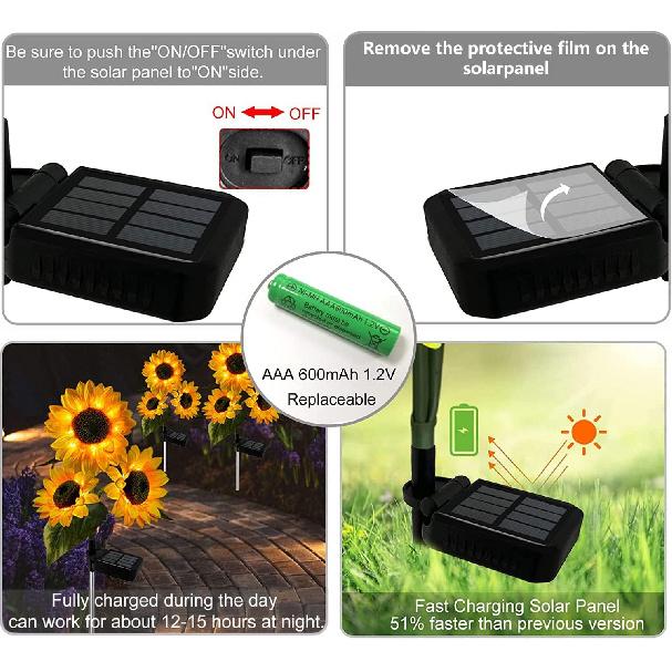 2 Pack Sunflower Solar Lights Outdoor Decor with 3 LED Sunflower Yellow Flower Lights Decorative Waterproof for Patio Lawn Garden Yard Pathway