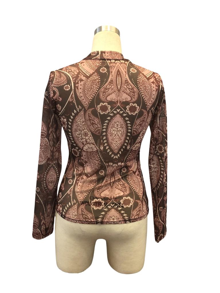 Frühling Damen Paisleymuster Stehkragen Netz Langarm T-Shirt Top Damen Mode Täglich Basic Büro Dame Lässig Enganliegend Damen Elegantes Top