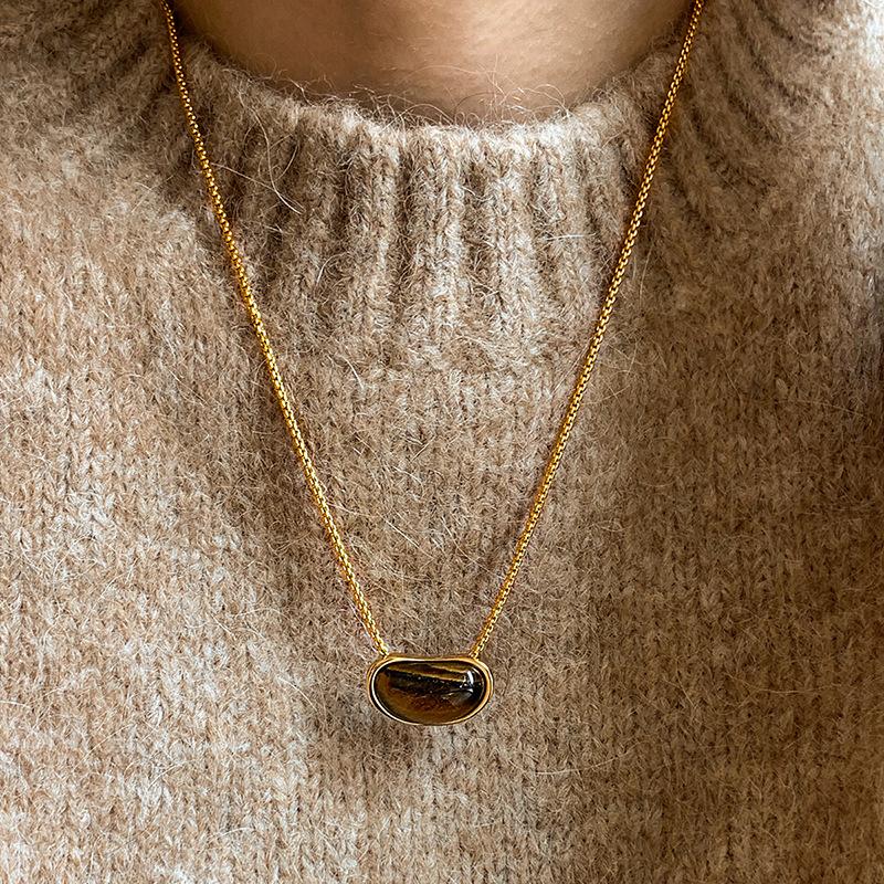 18k real gold electroplated tiger's eye stone pea pendant necklace Maillard collarbone chain niche neck chain