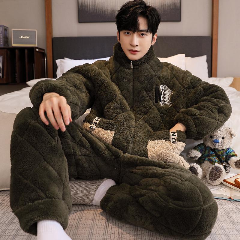 Men's Three-Layer Thickened Cotton Winter Pajamas - Warm, Simple, Luxury, and Suitable for Indoors and Outdoors.