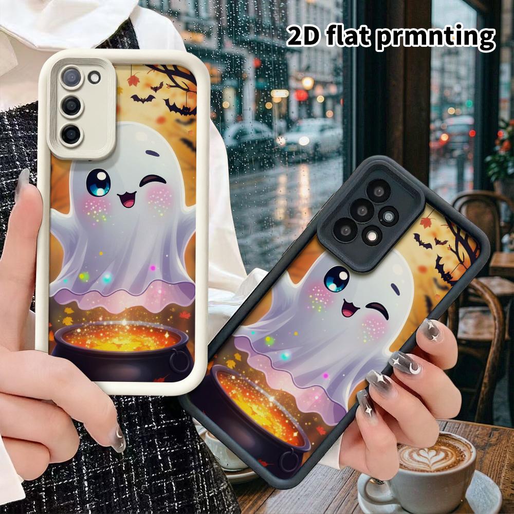 Phone Case: 2D Flat Samsung Galaxy A34 A35 M05 M06 S20 S22 S21 FE Plus 5G Layered Case, Cute Little Ghost and Cauldron, Christmas and Halloween Gift