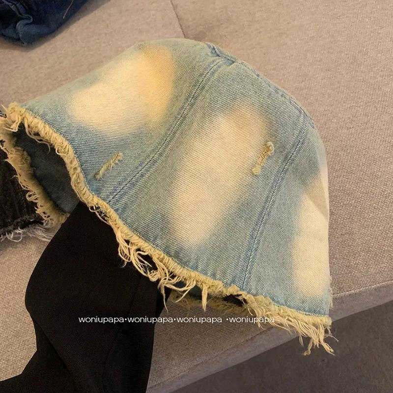 Ins Vintage Rough Edge Washed Denim Bucket Hats Women 2025 Summer and Autumn New Casual Versatile Cute Short Brim Basin Cap