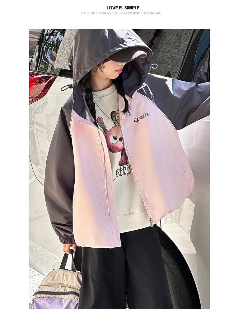 Girls' Color Block Hooded Windbreaker Jacket - 2025 Autumn Trend, Stylish Raglan Sleeve Fashion for Medium & Large Children