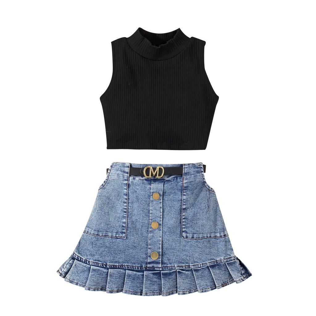 Girls' Fashion Set, Summer Children's Casual Solid-color Sleeveless Top, Denim Pleated Skirt Set, Belt