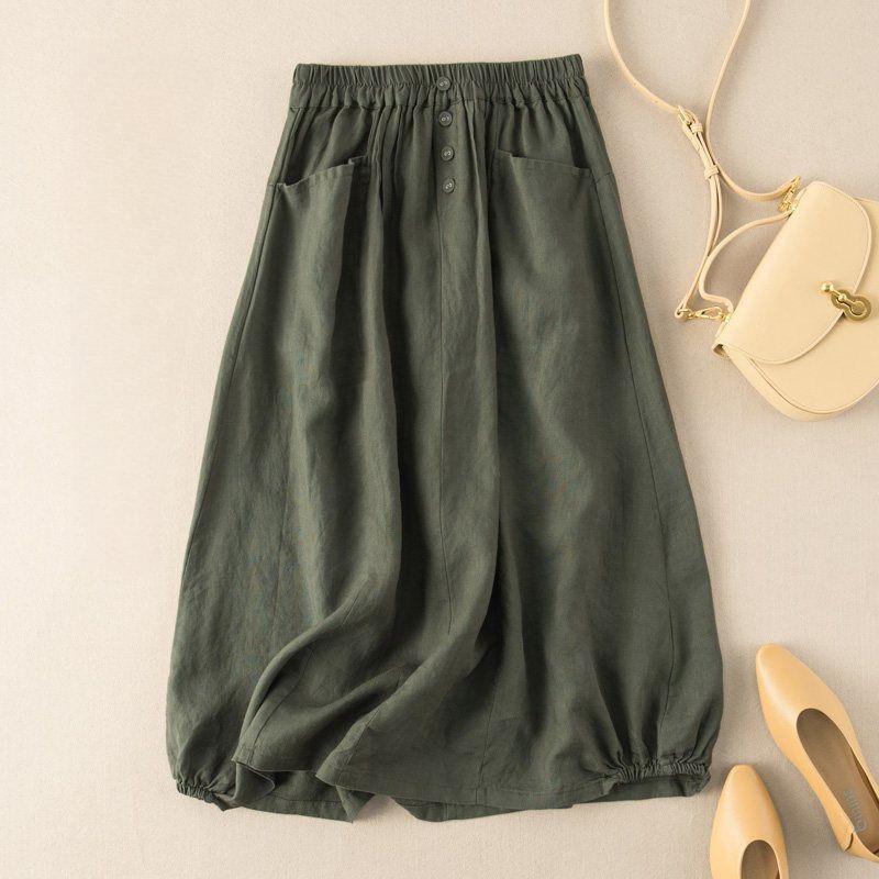 Gonna Midi A-line da Donna Taglie Forti Stile Retro Imitazione Lino Vita Alta Modellante