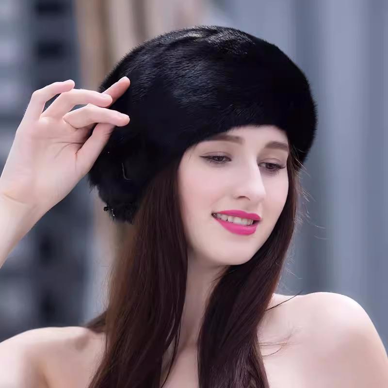 MWFur Fashion Winter Warm Mink Hats Women s Mink Fur Hat Ladies Ear Protector Fur Hats Berets чёрный