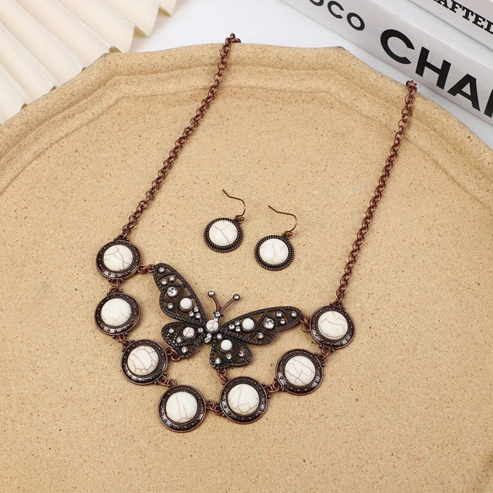 Exaggerated Bohemian Vintage Turquoise Butterfly Necklace Earrings Set Ornament
