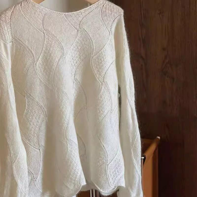 Womens White Knit Sweater Raccoon Wool Blend Hollow Out Loose Fit Long Sleeve Top Early Fall