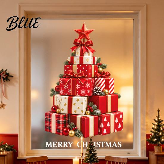 No Adhesive Christmas Stickers Stacked Gift Boxes Tree Window Cling Creative Static Sticker with Colorful Holiday Glass Decals Balls and Pine