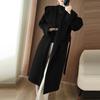 Women's Mid-Length Double-Faced Wool Coat with Tie-Up Hood - Autumn/Winter Style, Loose Silhouette, Pure Wool