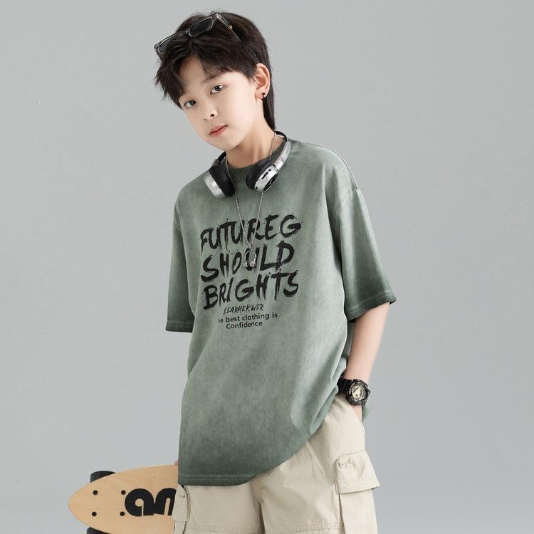 Boys  Tie-Dye Gradient Letter T-shirt & Cargo Shorts Summer Set 180 cm