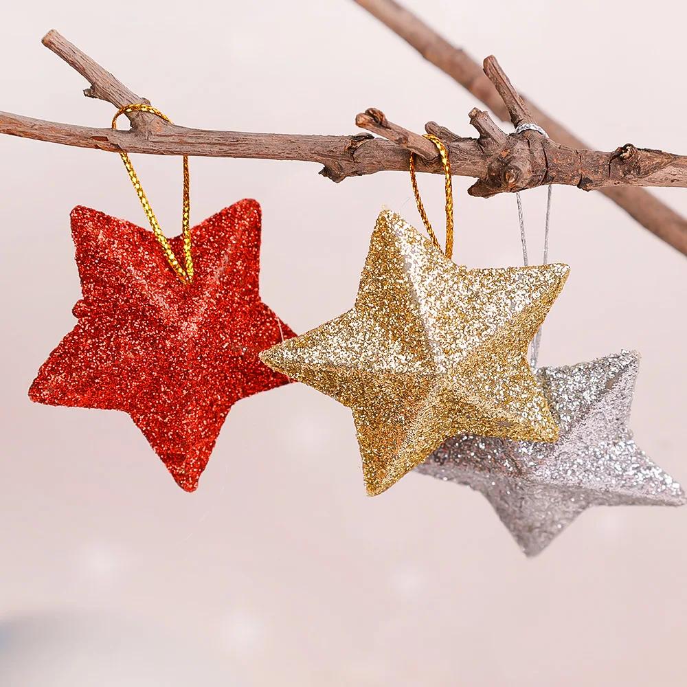 120/6Pcs Glitter Star Ornaments Christmas Tree Hanging Pentagram Pendant for Home Navidad New Year Party DIY Five-pointed Stars