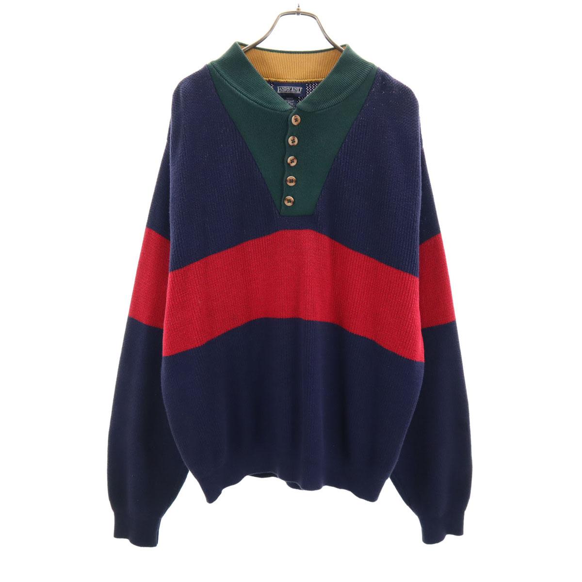 

LANDS END 90s Made in USA Old Long sleeve Henry Neck knit XL sweater Men s Used