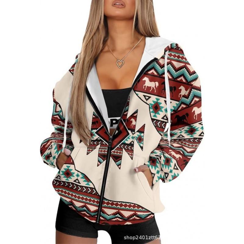 Vintage Ethnic 3D Printed Zip Up Hoodie Loose Fit Horse Geometric Graphic Sweatshirt Women