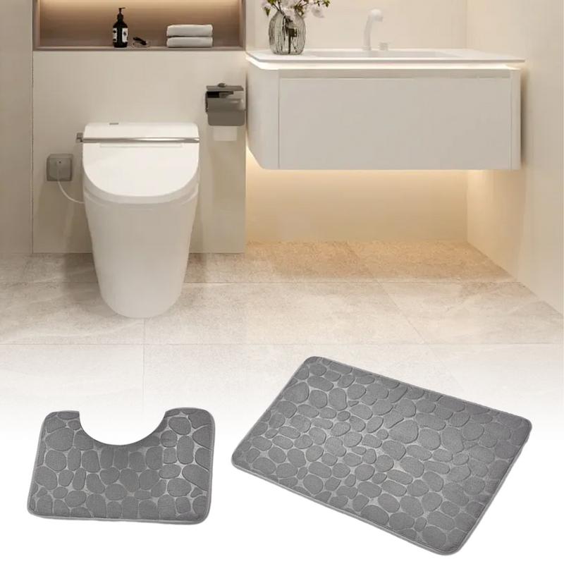 Non-Slip 50*80cm Bath Mat and 50*40cm Toilet Mat Bathroom Rug Set Soft Bath Mat with Cobblestone Pattern Washable Bath Mats