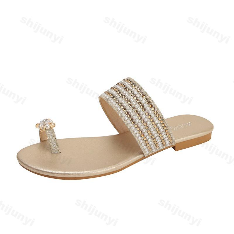 Fashion 2025 Summer New Roman Style Casual Sandals Women's Rhinestone Design Fashion Beach Slippers Comfortable Elegant Flat Drag Shoes