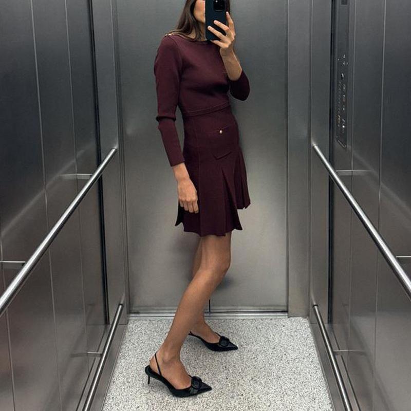 Fall and Winter New Women's Clothing Work Clothing Simple All-Match Long Sleeves Crew Neck Casual Plain Stitch Dress 2142269