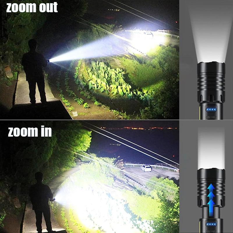 Super Powerful LED Flashlight With Side Lights High Power Torch Light Tactical Flashlight Type C Rechargeable Camping Lamp