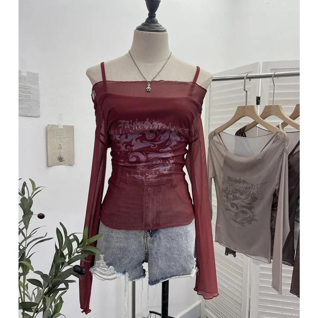 2KWEIRD Women Retro Y2K Hot Girl One Shoulder Mesh Sunscreen Cover Up Camisole Long Sleeve T-Shirt Two-piece Tops Suit Daily Outfit