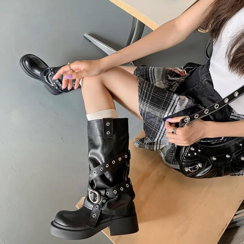 Belt Buckle Women Mid Calf Boots Fashion Slip On Square Low Heels Shoes Ladies Concise Long Boots Women Platform Boots New