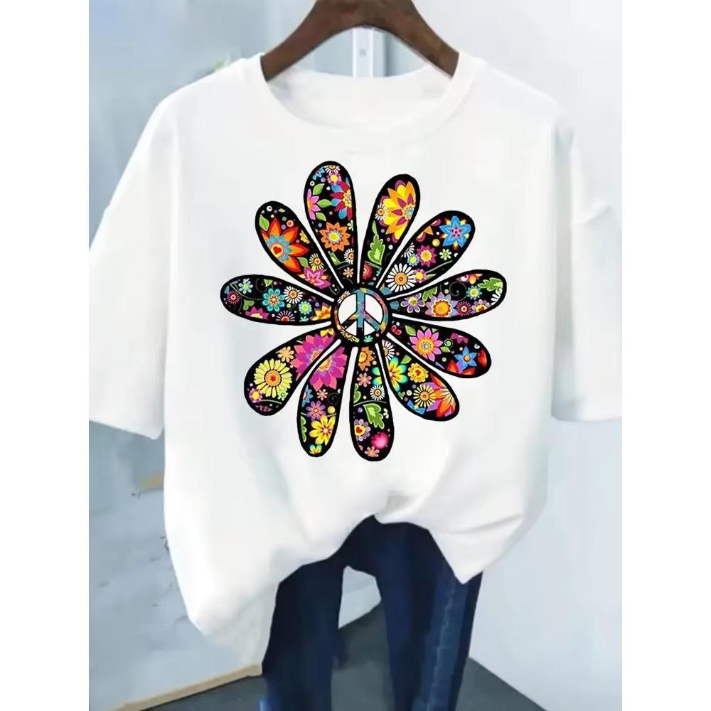 

Цветочный принт Модный растительный тренд Прекрасный принт Женская футболка повседневная базовая модель О-образный воротник Черная рубашка с коротким рукавом Женская футболка XXXXXL бирюзовый