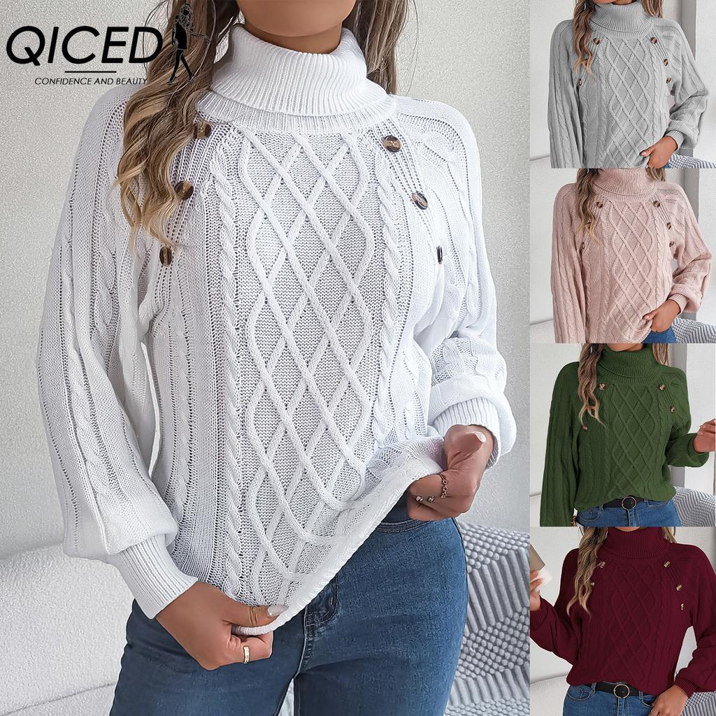 QICED Autumn and Winter Casual Solid Color Button Twist High-neck Lantern Sleeve Pullover Sweater Women's Wear