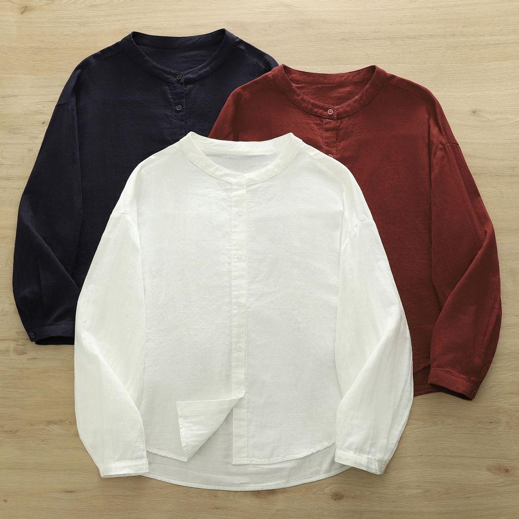 Women's Stand Collar Long Sleeve Cotton Gauze Shirt - Solid Color, Breathable, Slimming, 2026 Spring/Autumn Collection