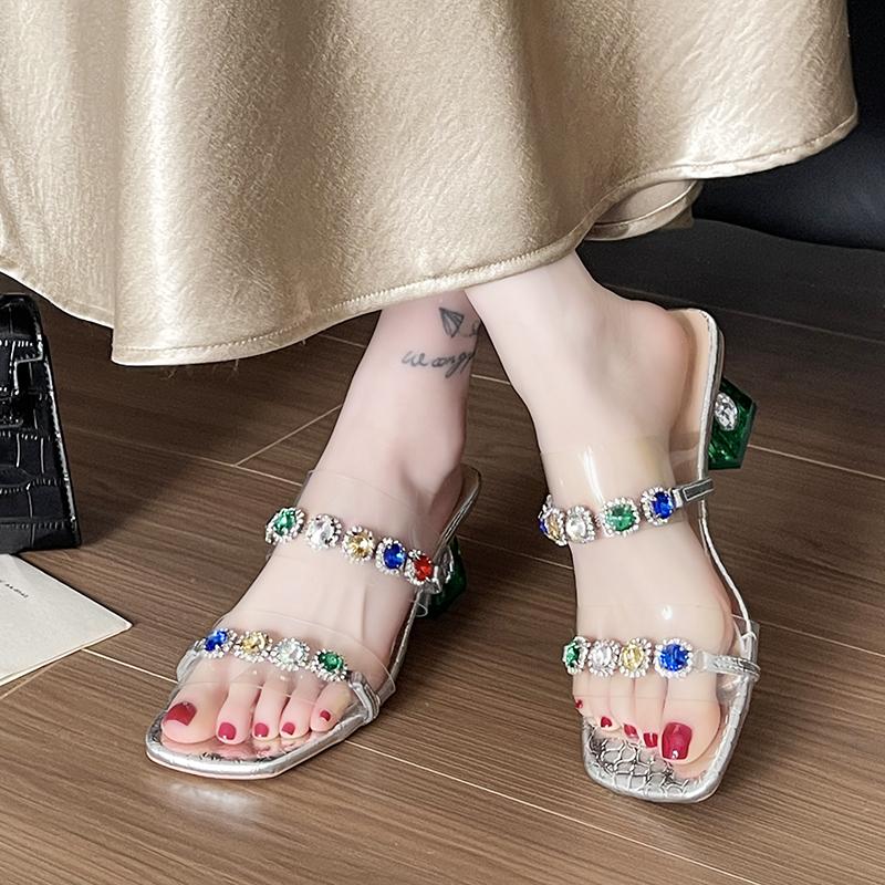 Summer Wear Square Head Colorful Rhinestone Block Heel Open Toe Cool Drag with Skirt Beautiful Half Drag Woman