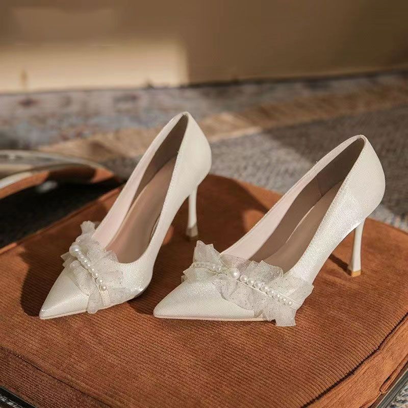 Gentle style single shoes apricot temperament wedding shoes thin heels satin high heels gentle and advanced fairy style engagement shoes tide