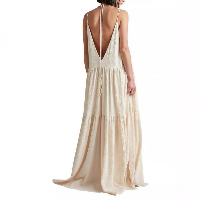 European Women's Summer Pleated Irregular Maxi Dress with Adjustable Straps