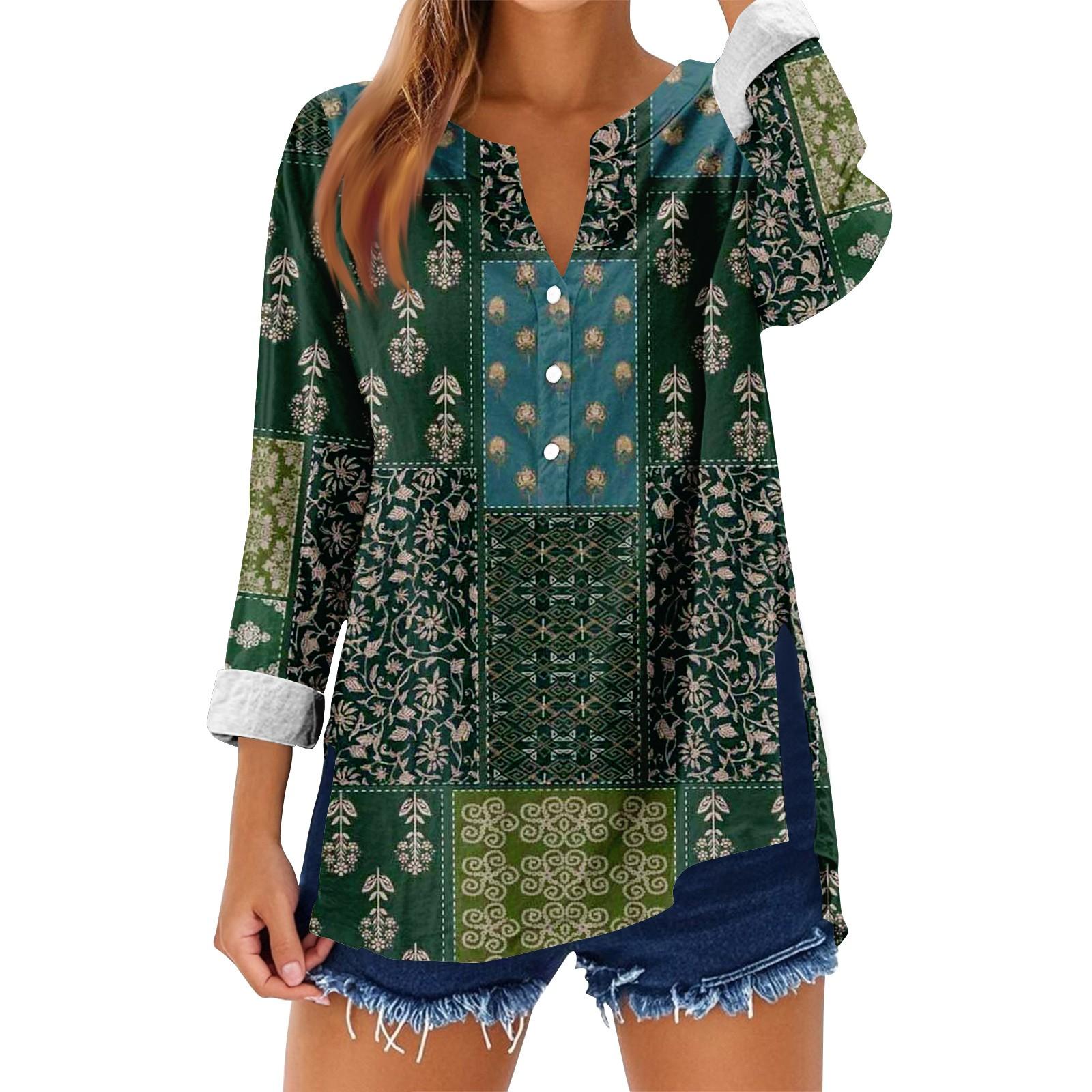 Women s Loose Floral Print Stand Collar Long Sleeve Cotton And Linen Top L