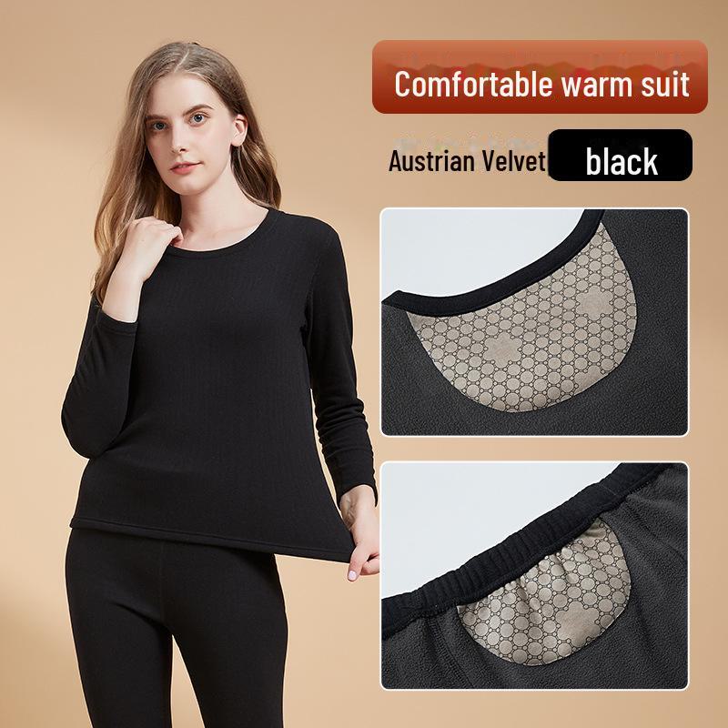 "Men's Black & Gold Patch Thermal Set: Velvet-Lined Autumn/Winter Underwear"
