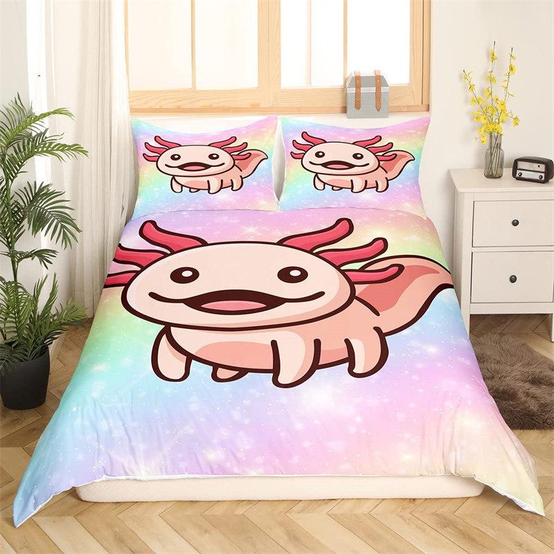 Kawaii Axolotl Duvet Cover Twin Size Underwater World Cartoon Bedding Set For Kids Boys Girls