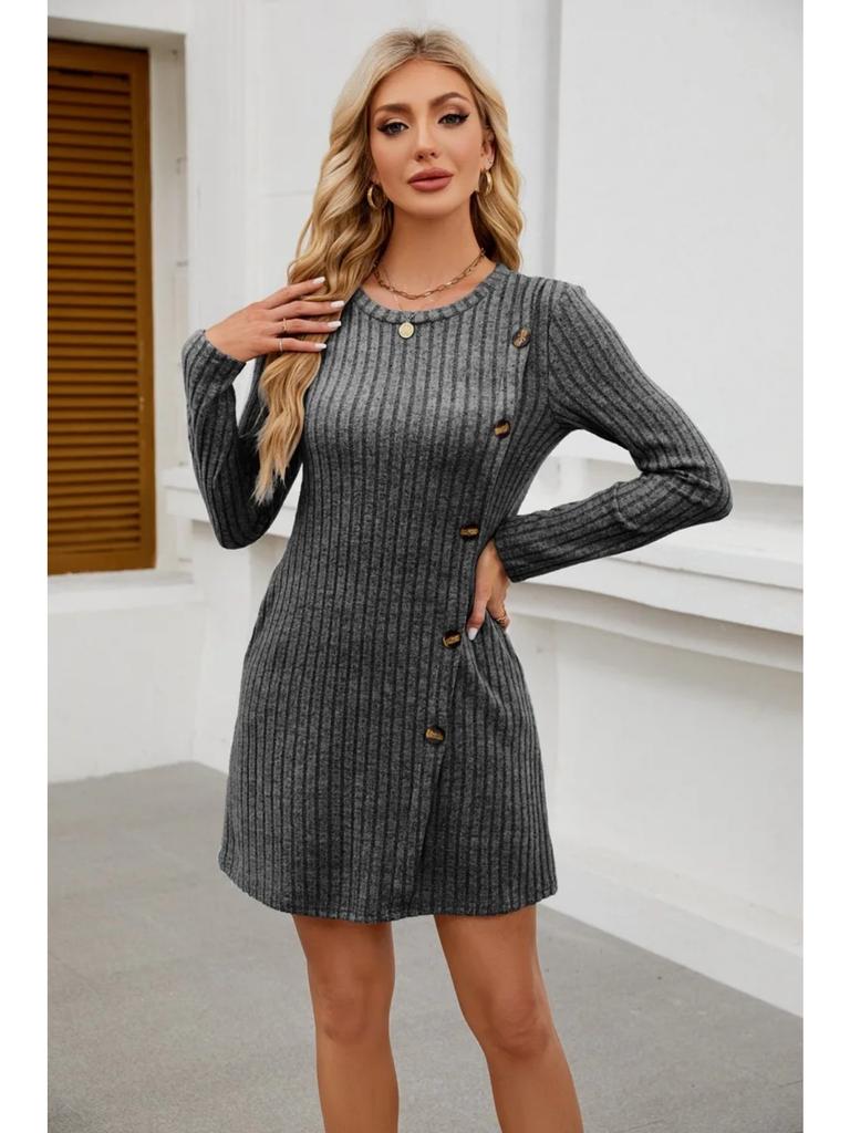 Popular Women's Round Neck Side Button Pocket Long Sleeved Waist Tied Dress