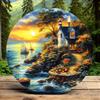 D Flat Pc Round Aluminum Circular Frame D Painting of Lighthouse and Waves with Seashells White Background Classic Style
