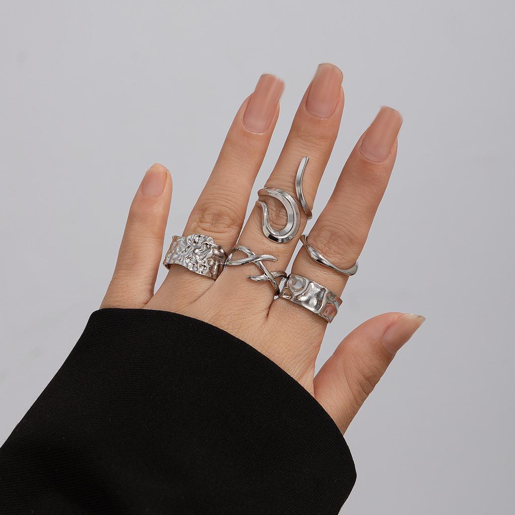 Irregular Smooth Opening Design Ring Set, Exaggerated Metal Wind Lava Retro Ring Rings