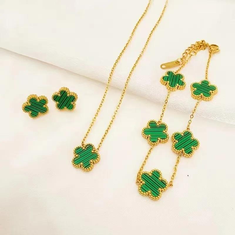 316L Stainless Steel Five Leaf Clover Pattern Bracelet Necklace Earrings Jewelry Set Classic for Women Trend Party Charm Gifts