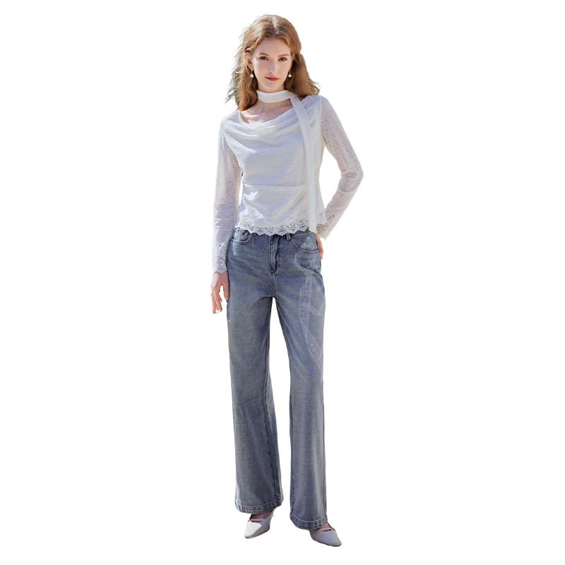 Xiangying Women s Draped Off-Shoulder Lace Long Sleeve Blouse S