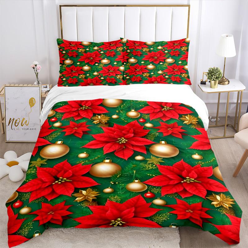 3pcs Christmas Poinsettia Bedding Set, Breathable and Soft, Suitable for Bedroom Decor (1*Duvet Cover + 1/2*Pillowcases, No Core) Yy250821154