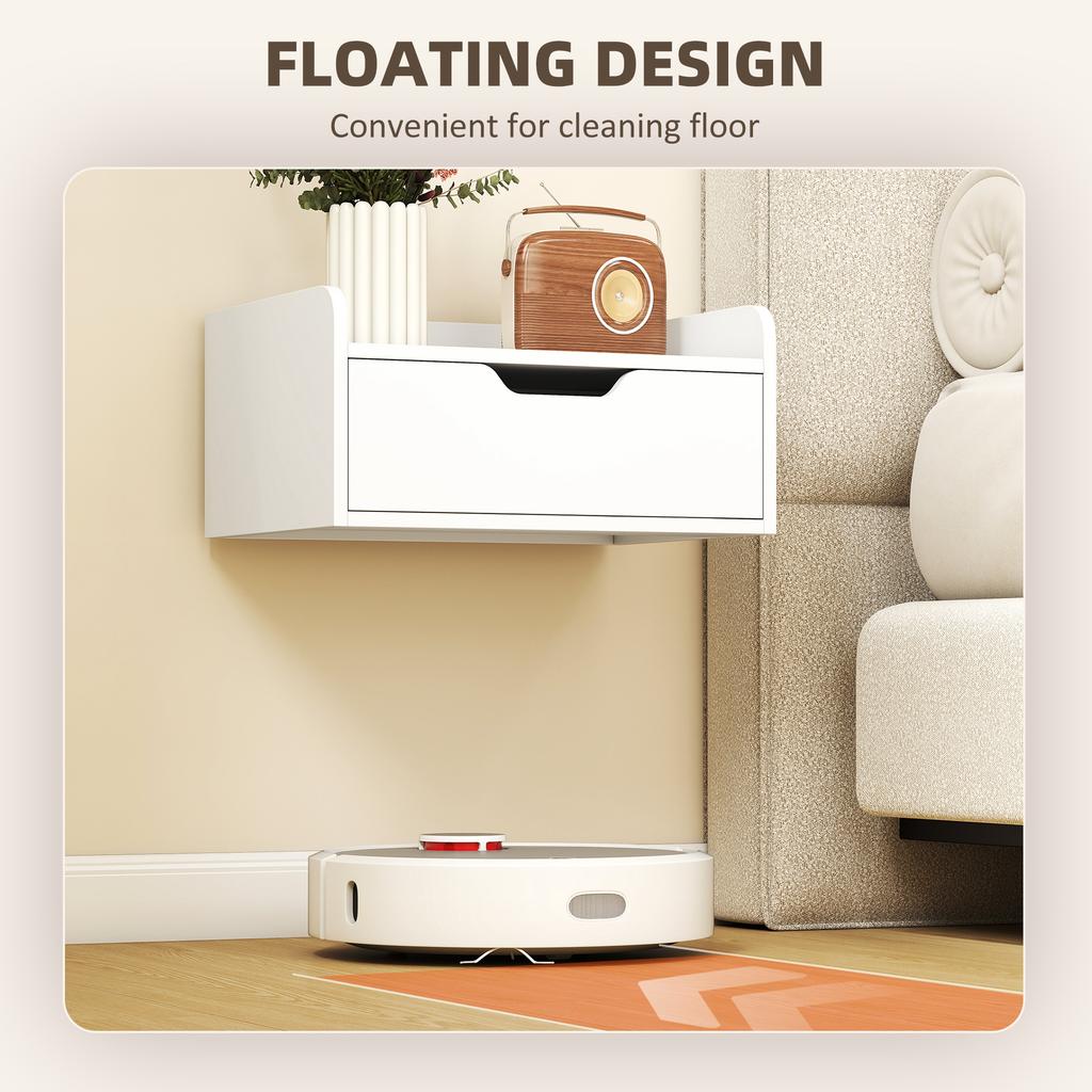 Set di 2 comodini sospesi, Tavolino da letto a parete con cassetto per camera da letto, Bianco
